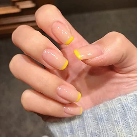 Vatocu Square Press on Nails Short Pink Yellow False Nails French Nude Fake Nails Glossy Acrylic Stick on Nails for Women and Girls (24pcs) Cover