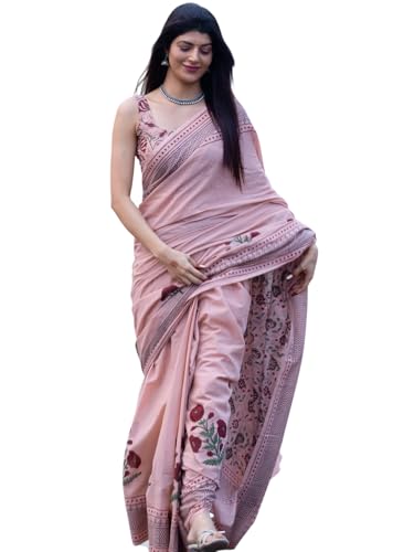 Image of Elegant Dusty Pink Linen Cotton Saree with Floral Print Border | Cotton Printed Saree with Unstitched Blouse Piece Saree for Women