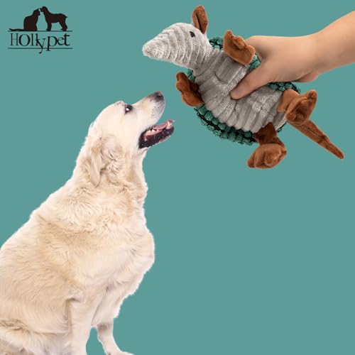 Image of Hollypet Plush Dog Squeaky Toy Stuffed Armadillo Animal Pet Puppy Chew Toys with Clean Teeth for Small Medium Large All Breed Sizes Dogs, Deep Green,8 in