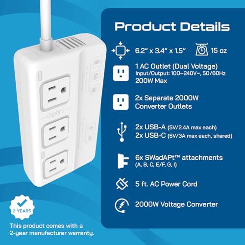 Image of Ceptics 220v to 110v Converter for Travel, 2000W Voltage Converter US to Europe with 3 AC outlets, 4 USB Ports (2X USB-C) and 6 SWadAPt attachments