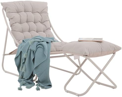 Olaterior Patio Lounge Chair with Ottoman, Indoor Outdoor Comfy Sling Recliner Chair with Cushion, Modern Oversized Padded Lounge Chair Set with Footstool for Balcony Porch Garden, Champagne