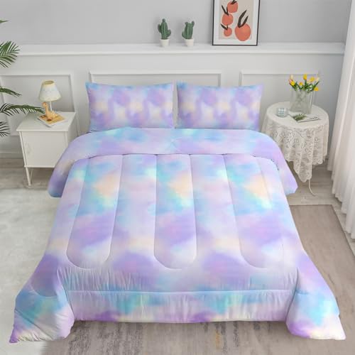 Axolotl Tie Dye Bedding Set Queen,Pink Blue Purple Cloud Comforter Set,Boho Psychedelic Bedding Colorful Tie Dye Pastel Comforter Set,Rainbow Bedding Set for Women,1 Quilt 2 Pillowcases
