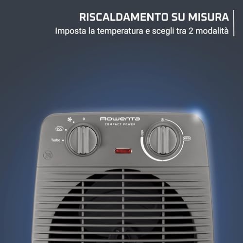 Rowenta Compact Power, Termoventilatore Compatto per Piccoli Spazi, Ventilazione Calda e Fredda, Modalità Turbo e Eco, 2 Livelli di potenza, Sicuro e Potente, 2000 W, Grigio, SO2212 - Immagine 3