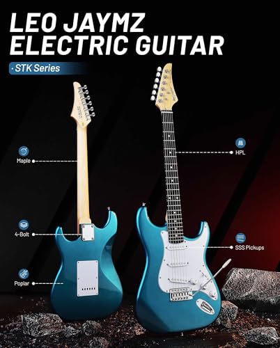 Image of Leo Jaymz Beginner Electric Guitar 39 inch Kit with Portable Amplifier, Padded Gig Bag, Digital Tuner，Capo，Strap，Picks，Classic SSS Pickups(Blue-SSS)