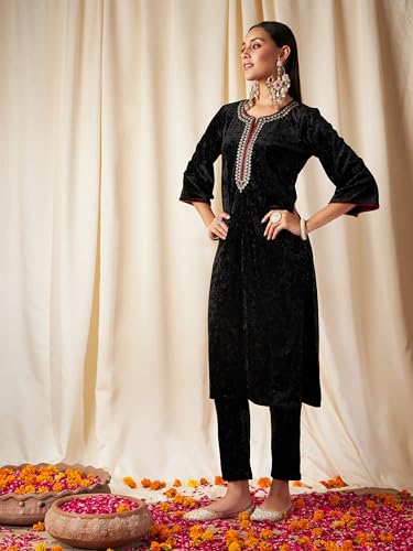 Image of Women's Velvet Floral Embroidered Straight Kurta | Round Neck Three-Quarter Sleeve Calf Length Kurti with Thread Work