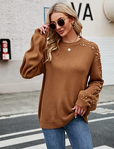 Image of Blooming Jelly Women's Chunky Sweater Crewneck Sweatshirt Knit Lantern Sleeve Oversized Pullover Sweater with Pearls