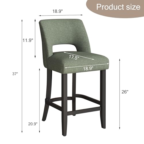 Image of VKNOW Bar Stools Set of 2, 26 inch Upholstered Counter Height Bar Stools | Modern Counter Stools with Black Rubberwood Legs for Kitchen Island Dining Room Bar, Green-Black Legs