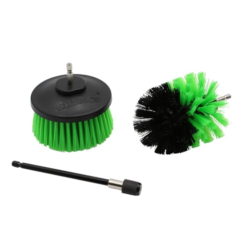 Grip 3 pc Power Drill Cleaning Brush Set - Power Scrubber for Ovens, Sinks, Bathroom Surfaces, Tubs, Showers, Tile - 4” D Nylon Bristle Brush, 3-1/2” Dome Poly Bristle Brush, 6” Quick Change Adapter.