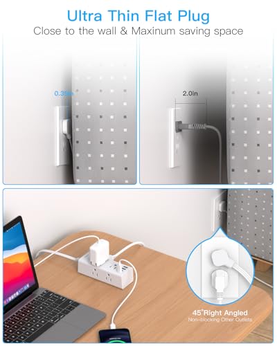 10FT Extension Cord Indoor, Power Bars with Surge Protector, Flat Plug Long Cord 6 Outlet 4 USB Ports (2 USB C) for Home, College, Dorm Room Essentials image 3