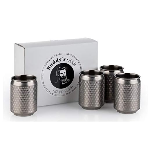 Buddy´s Bar - Vasos para cócteles (4 Unidades, 7,5 cm de diámetro, 10,5 cm de Altura, 350 ml, Acero Inoxidable, Incluye Caja de Regalo)