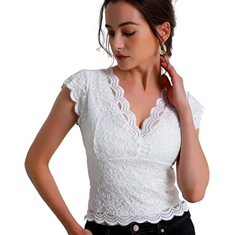 Ashir Aley Lace Tops for Women Sexy Deep V Neck Womens Tops Dressy Casual Trendy Elegant Pretty Blouses for Party, Club, and Concert(S,White) Cover