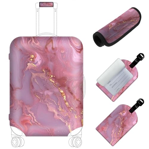Tudguiloae Travel Luggage Cover,Pink Gilt MarbleTheme Suitcase Cover Accessory Kit, Luggage Tag, and Comfortable Luggage Handle Wrap, Washable Luggage Suitcase Protector (25-28 inch,L)