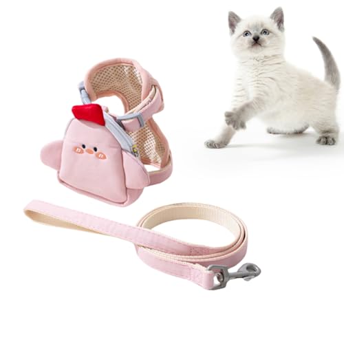 猫用散歩ロープ 胸背式リュックサック一体式牽引ロープ可変伸張かわいい猫のチョッキロープ散歩訓練犬の牽引ロープ引張安全通気防止、強靭、360度回転防爆沖、脱着便利小型犬ペット収納袋小銭入れ引引ロープ (ピンク, S)