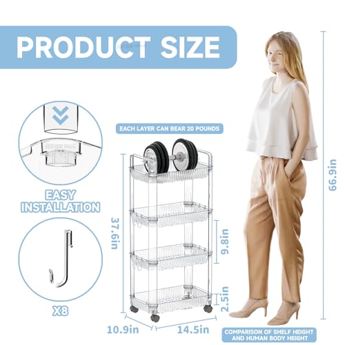 Yieach Clear 4 Tier Rolling Utility Cart with Wheels,Modern Bedside Cart for Baby Essentials,Nursery,Diaper Caddy,Baby Supplies,Rolling Storage Cart for Living Room,Bathroom,Kitchen,Book Cart - Thumbnail 2