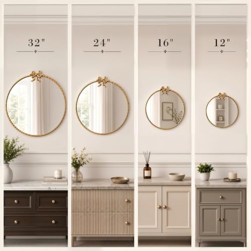 Image of 32 Inch Gold Circle Mirror, Bow Round Wall Mirror Vintage Gold Decor