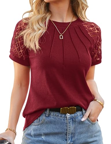 Florboom Tshirt Damen Elegant Spitze Shirt Rundhals Kurzarm Waffel Oberteil Bluse, Weinrot XL