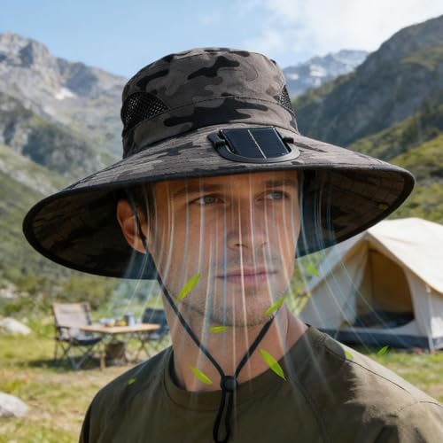Chapeau bob homme anti-coup de chaud avec grand bord et ventilateur solaire intégré