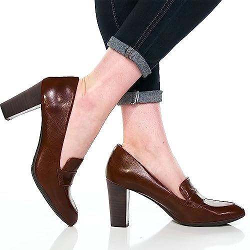 MOOMMO High Chunky Heel Loafers Pumps Women Brown Closed Pointed Toe Slip On Dress Loafer 3" Block Heel Matte Office Work Shoes Business Comfortable Classic Formal Ladies Wedding Party Matte Brown 72