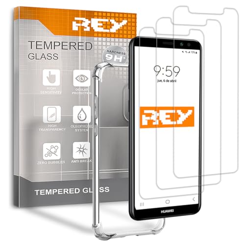REY Pack 3X Pellicola salvaschermo e Cover Anti-Shock per Huawei Mate 10 Lite, Vetro temperato e Silicone TPU ad Alta Resistenza