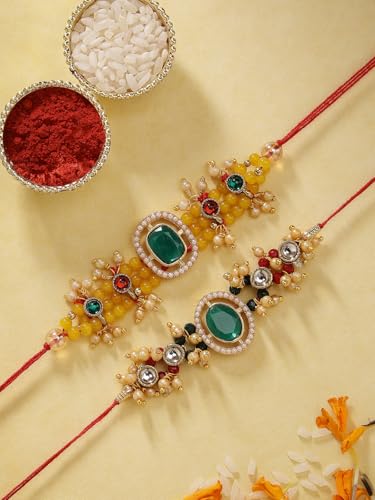 Image of Sukkhi Rakhi Excellent Kundan & Pearls Designer Gold Plated Premium Rakhi for Brother with Roli Chawal & Greeting Card|Rakhi for Brother /Bhaiya /Bhai /Men|Kundan Rakhi|Rakhi Combo-Set of 2
