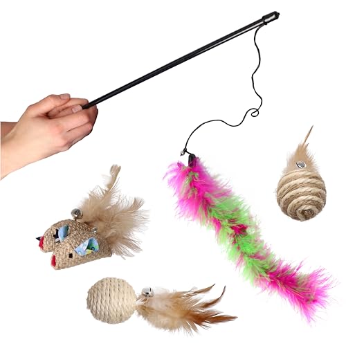 Dingo Katzenspielzeug Set Wand mit Flauschigen Federn 2 Eco-Leinen-Mäuse mit Federn 2 Eco-Sisal- und Seegrasbälle mit Federn 5 Spielzeuge mit Glocken (Z30038)., 5.13 €