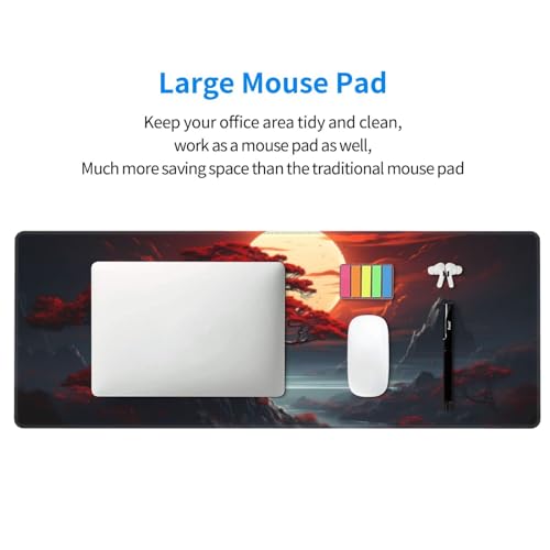 Large Japanese Anime Mouse Pad - Dark Red Moon Design with Non-Slip Base, 31.5”x11.8”