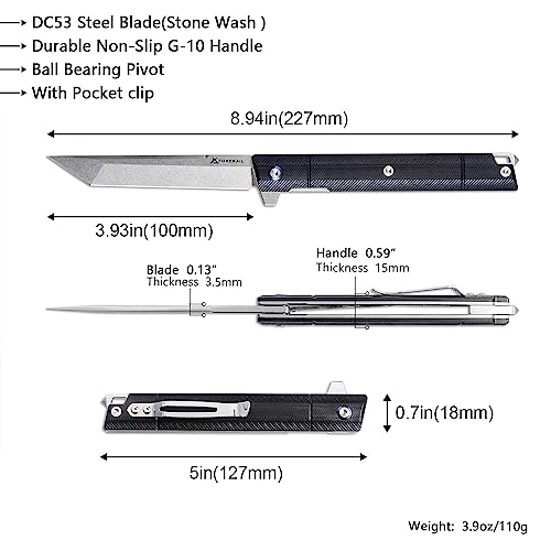 FORESAIL Flipper Pocket Folding Knife,DC53 Steel Blade and G10 Handle. With pocket clip and glass breaker,men's pocket knife hiking trip EDC tool Knife (Stone Wash Blade-T)