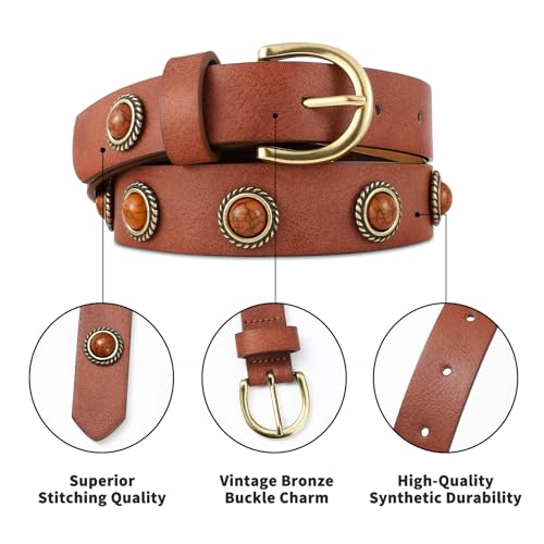 Women's Brown Rivet Belt with Gold Buckle Punk Studded Belt for Jeans Pants Dresses4