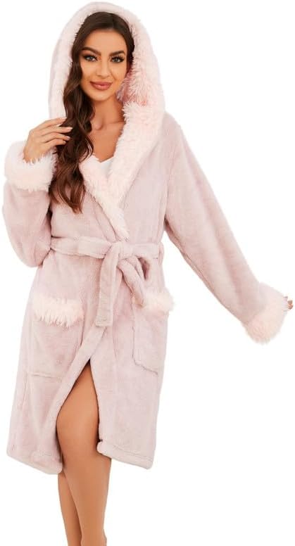 LYCY Women Hooded Plush Short Robe Soft Warm Fleece Bathrobe Fluffy Cute Spa Robe