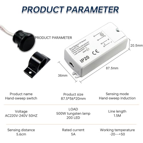 Acmerota Bewegungssensor-Lichtschalter, Hand-Winke-Schalter, 6 cm Sensorschalter 10 A, AC 220 V Luftschalter, berührungsloser Schalter, geeignet für Kleiderschrank, Schrank, Lagerschrank