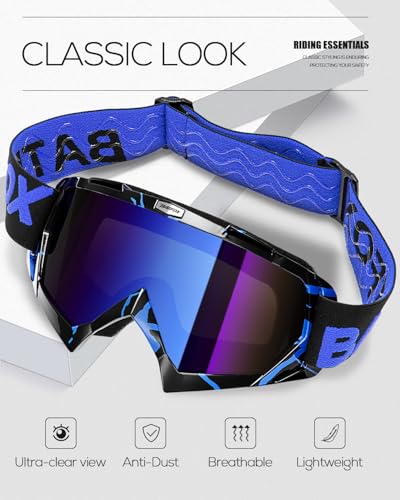 Image of BATFOX Motorcycle Glasses Goggles Dirt Bike Motocross Safety ATV Tactical Riding (Blue Black, Adult)