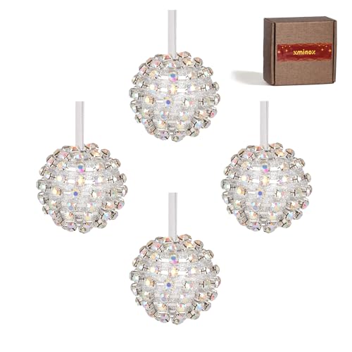 XMIAOX Iridescent Crystal Rhinestone Ball Ornaments, 4 Pack Handcrafted Sparkling Christmas Baubles, Hanging Decorations for Holiday Home Décor in Luxury Gift Box (Starlight Silver, 4.8 cm)