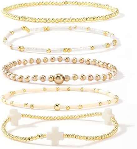 Bohxantium Gold Beaded Stretch Bracelets Stack for Women - 14k Gold Stackable Elastic Cross Bracelet, White Waterproof Stretchy Seed Beads Jewelry Christian Faith Friendship Summer Beach Mothers Day Gifts