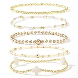Bohxantium Gold Beaded Stretch Bracelets Stack for Women - 14k Gold Stackable Elastic Cross Bracelet, White Waterproof Stretchy Seed Beads Jewelry Christian Faith Friendship Summer Beach Gift