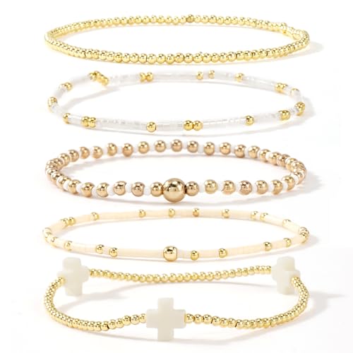 5Pcs Gold Plated Cross Beaded Bracelets Stack Set for Women,Stretch Stackable Boho Colorful Beads Ball Jewelry Friendship Summer Daily Wear Trendy