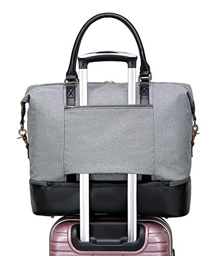 Womens Travel Weekend Bag Canvas Overnight Carry on Shoulder Duffel Beach Tote Bag (Grey with shoe compartment)