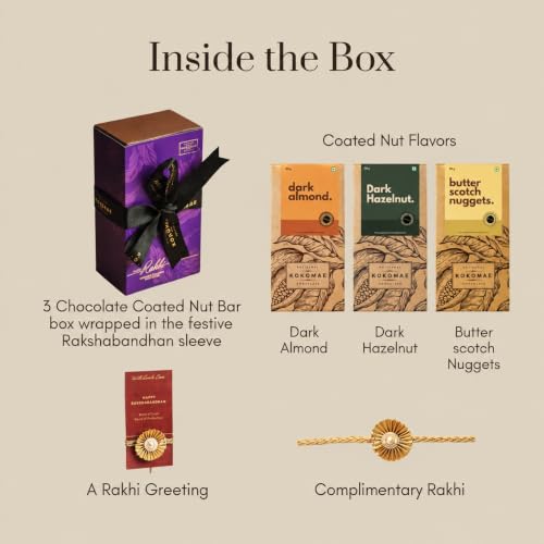 Image of KOKOMAE Raksha Bandhan Chocolate Gift Box | 3 Chocolate Coated Nut Bars - Dark Almond, Dark Hazelnut & Butterscotch Nuggets | Complimentary Rakhi & Greeting Card | Premium Festive Gift