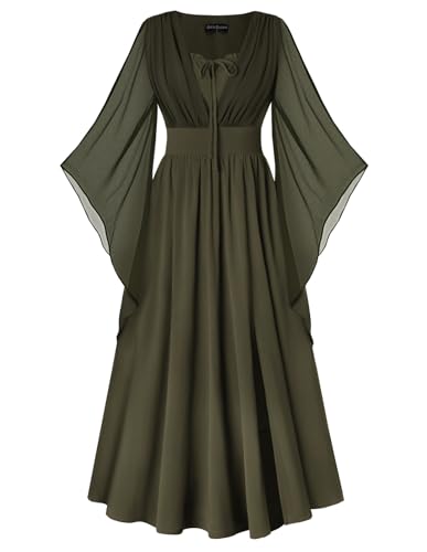 Renaissance Dress Women Bell Sleeve Fairy Dresses Witch Costume Split Maxi Dress with Pockets Olive...