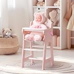 ROBUD Baby Doll High Chair, Pretend Play High Chair with Seat Belt, Pink Wooden Baby Doll Accessories with Movable Tabletop, Fits 18-20 Inch Dolls