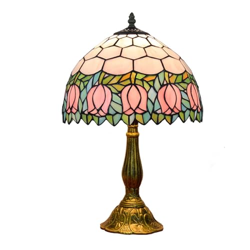 Blivuself Pink Tulip Stained-Glass Tiffany Table Lamp (18in, Corded)