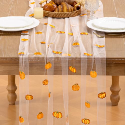 Image of Pumpkin Embroidery Fall Table Runner White Sheer Tulle Table Runner, 3PC