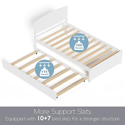Image of Xilingol Trundle Bed Twin, Solid Wood Bed Frames with Headboard and Wooden Slats Support, Twin Trundle Bed Frame Roll Out, Single Box (No Box Spring Needed)