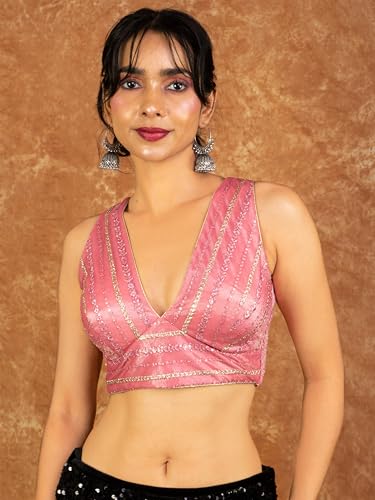 Image of FIGURE'S DESIGNER Women's Sequin Embroidered SabyaSachi Cut V Neck Sleeveless Readymade Saree Blouse E24