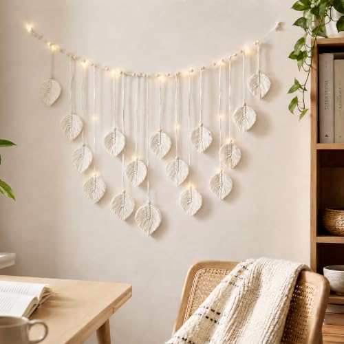 Makramee Wandbehang in Blattform, Weiß, mit 3m LED-Lichterkette – Boho Deko – Bild 8