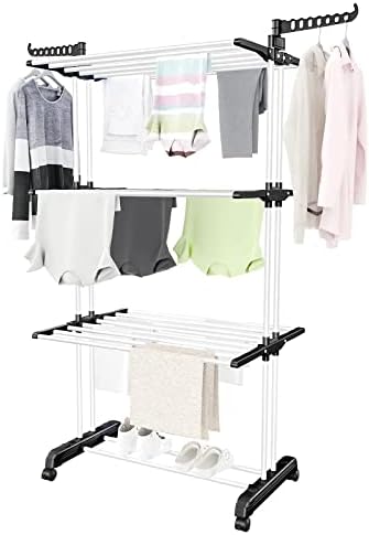 Clothes Drying Rack, 4-Tier Oversize Collapsible Clothes Drying Rack,Stainless Steel Laundry Garment Dryer Stand Stainless Steel Free-Standing Laundry Stand for Towels, Clothes, Shoes, Black & White