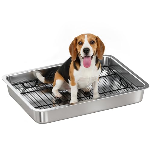 PawHut Dog Potty Tray Stainless Steel, Puppy Training Tray for Small and Medium Breeds, Indoor Dog Pee Pad Holder with Elevated Grid, Easy to Clean, for Porch, Bathroom, Balcony, 28" x 20" x...