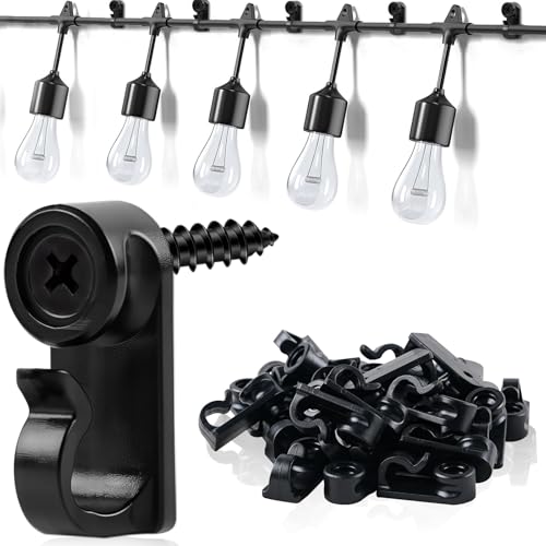 50 Pack Hooks for Outdoor String Lights, Christmas Light Clips bulk with Screw, Weatherproof Light Hanger Hooks for Hanging Christmas Lights,Wall Cable,Fairy Lights on Fence Patio Gutter (Black)