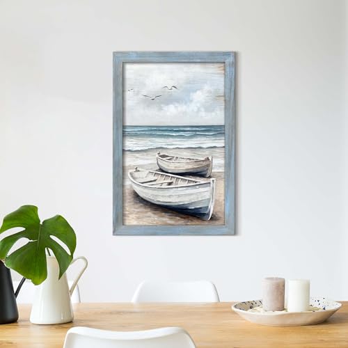 Beach Sea Boat Decor Art: Ocean Coastal Rustic Seascape Wooden Framed Wall Painting Print Sea Bird Scene Artwork Seaside Relaxing Picture Decor for Living Room Bedroom Bathroom 36 x24 Inch - Image 4