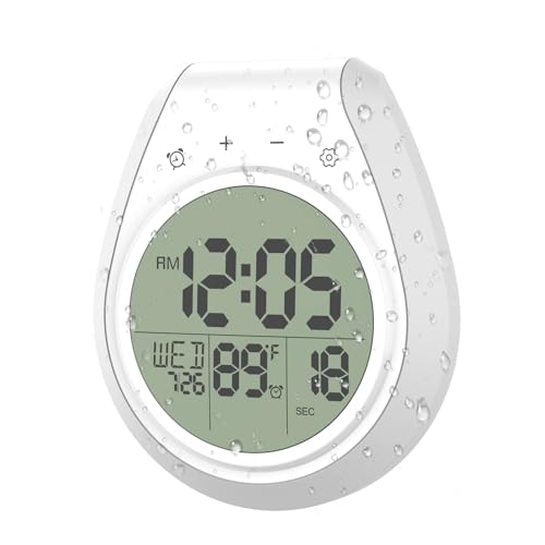 Shower Clock Waterproof, Bathroom Clock with Temperature & Shower Timer, Small Digital Wall Clock Battery Operated with Suction Cup and Hanging Hole for Kitchen