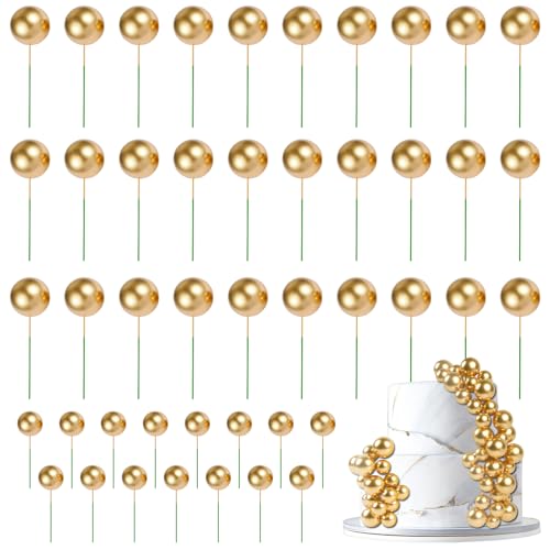 URAQT 45Pcs Ball Cake Topper Decorations Pearl Ball Shaped Cake Insert Mini Balloons Cupcakes Toppers Sticks Colorful Balloons Cakes Decorations for Birthday Party Wedding Gold